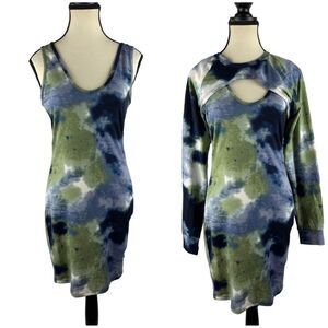 Almost Famous‎ 2 pc green blue tie dye mini dress sz M sleeveless or long sleeve